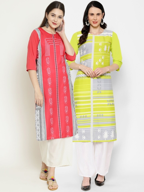 7Threads Women Multicoloured Printed Straight Kurta Pack Of 2, Multi