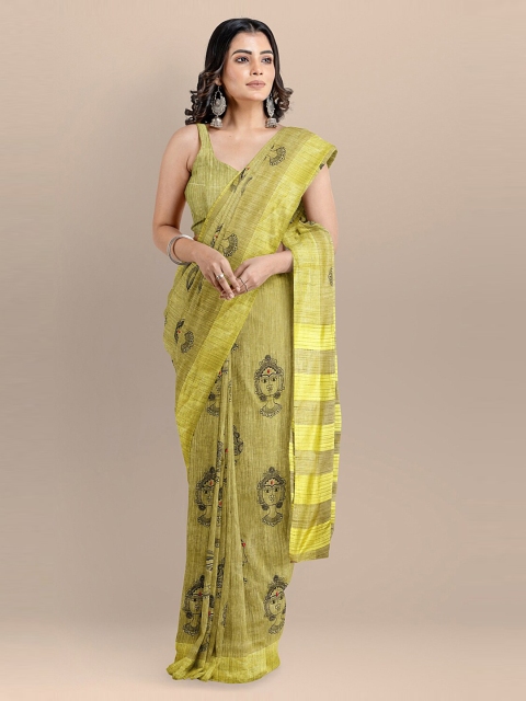 BharatSthali Yellow Silk Cotton Embroidered Kalamkari Handloom Maheshwari Saree