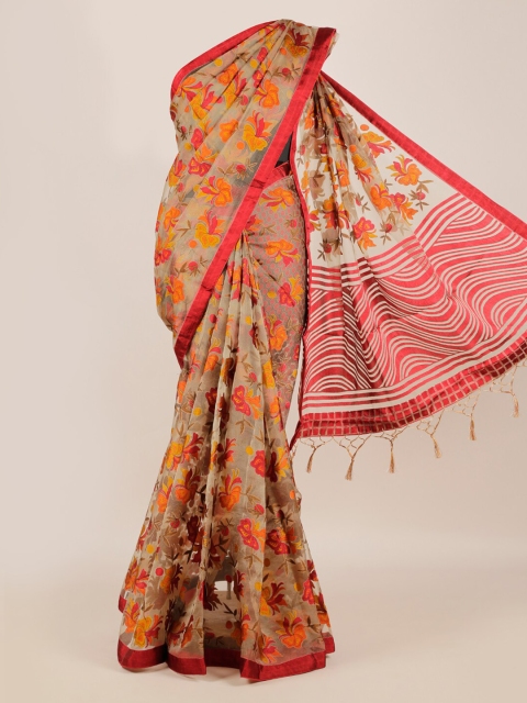 Pothys Grey & Pink Jute Silk Printed Saree