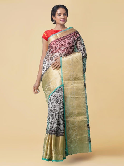 Unnati Silks Cream-Coloured Organza Woven Design Chanderi Saree