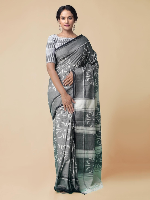 Unnati Silks Grey & White Pure Cotton Printed Pochampally Saree