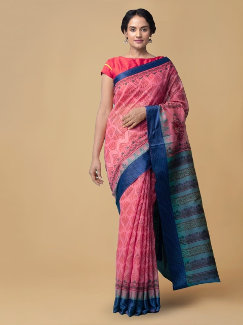 Unnati Silks Pink & Blue Silk Cotton Printed Chanderi Saree