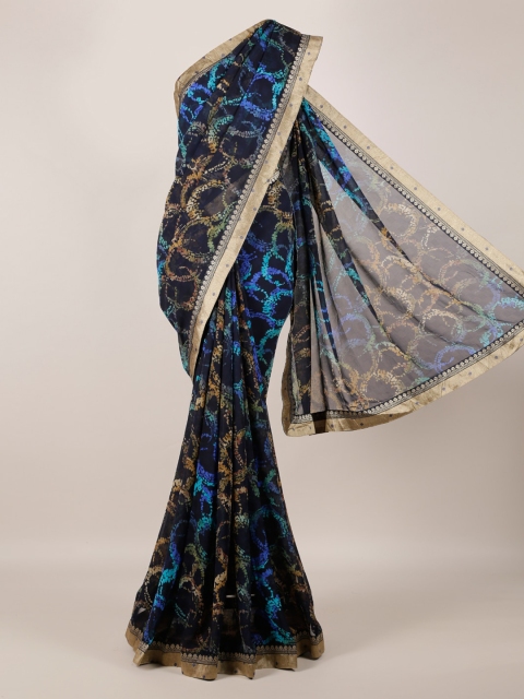 Pothys Navy Blue Printed Poly Georgette Saree