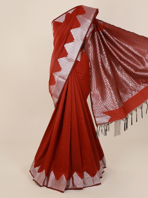Pothys Red & Silver-Toned Art Silk Printed Saree with Jhalar Pallu
