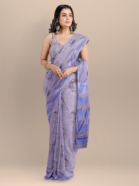 BharatSthali Purple & Black Silk Cotton Embroidered Maheshwari Saree