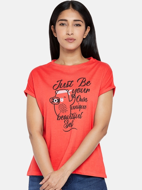 People Women Coral Orange Printed Round Neck Cotton Pure Cotton T-shirt