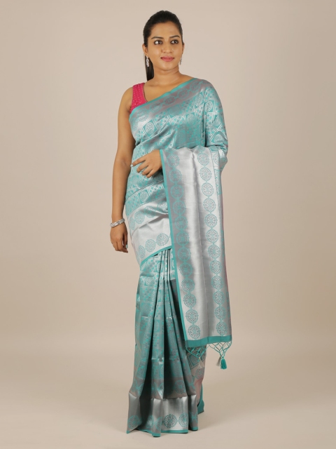 Pothys Green & Silver-Toned Art Silk Woven Design Saree