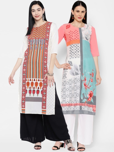 7Threads Women Multicoloured & White Printed Straight Kurta Pack of 2, Multi