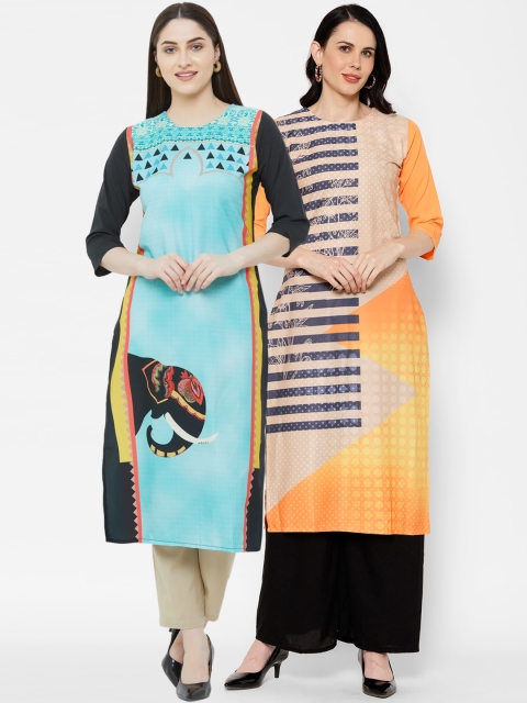 7Threads Women Multicoloured & Blue Printed Straight Kurta Pack of 2, Multi