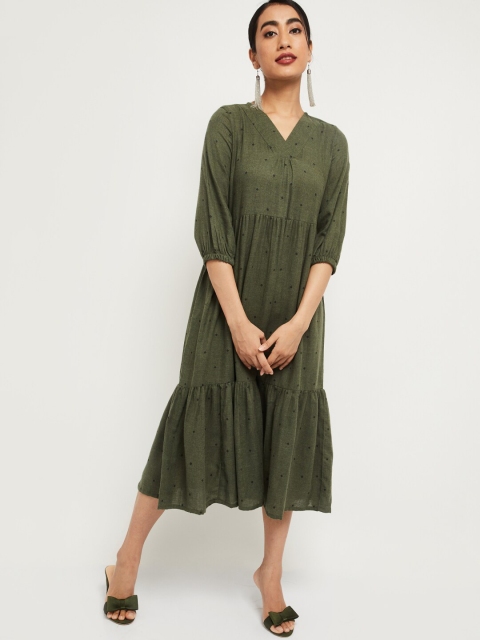max Women Green Self Design A-Line Dress