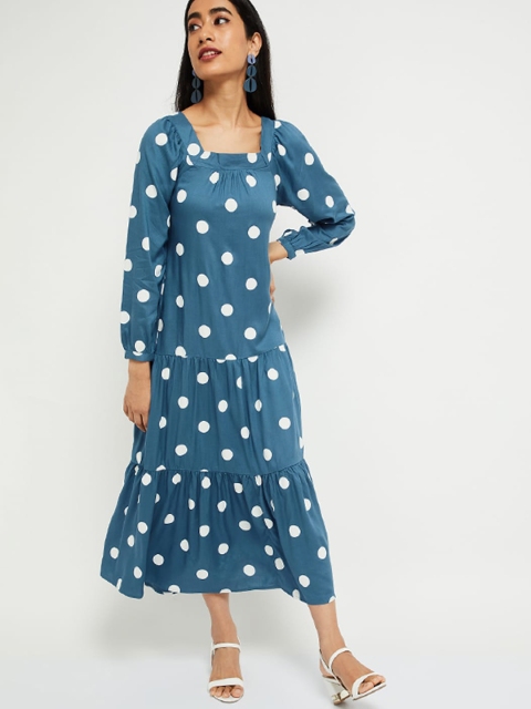 max Women Blue Printed A-Line Dress