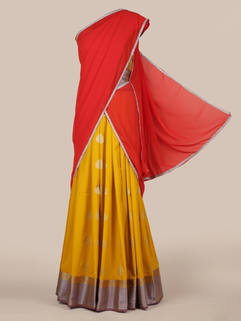 Pothys Red & Yellow Poly Chiffon Woven Design Half Saree