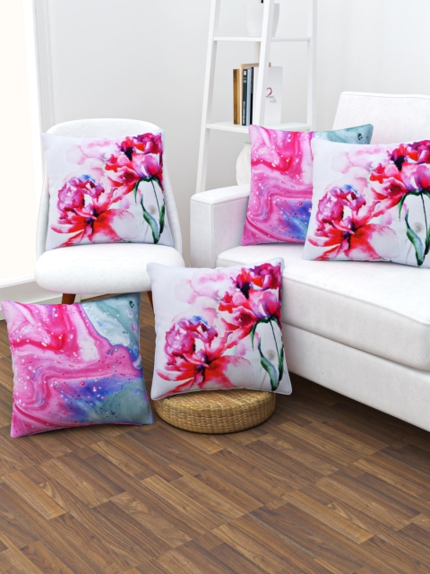 SHIVANAA HOMES White & Pink Set of 5 Floral Square Cushion Covers
