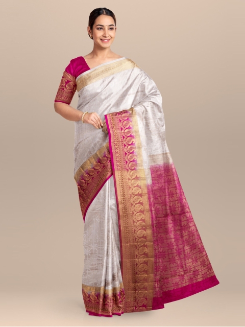 KLM Fashion Mall Pink & White Silk Blend Woven Design Saree