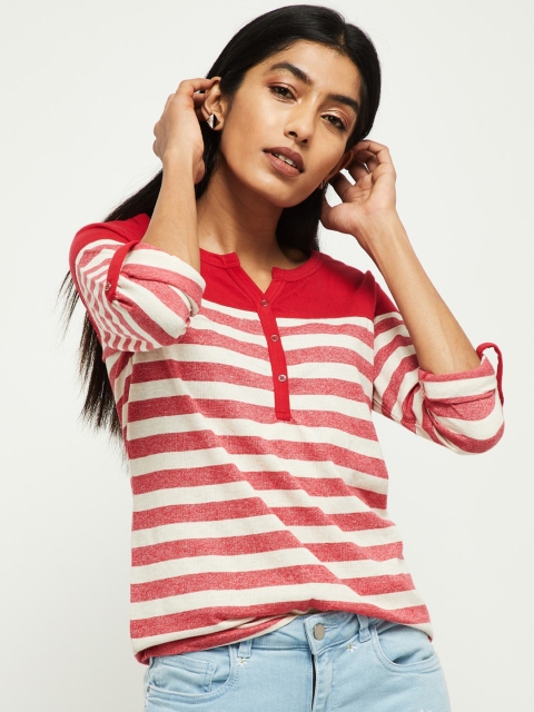 max Women Red Striped Henley Neck T-shirt