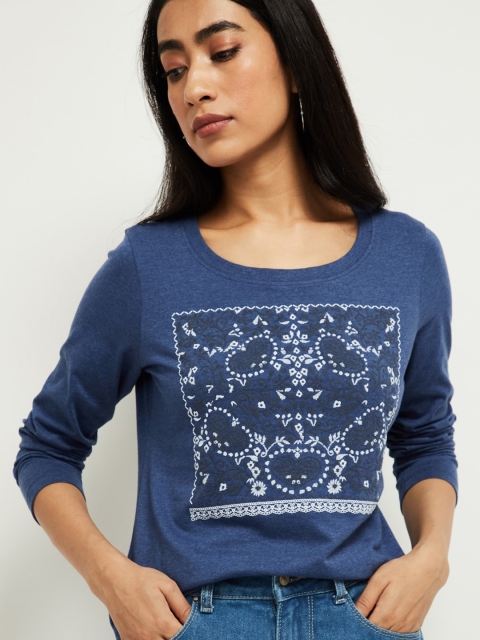 max Women Navy Blue Printed Round Neck T-shirt