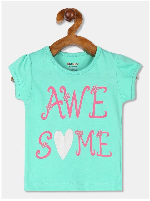 Donuts Girls Sea Green & Pink Printed Round Neck T-shirt