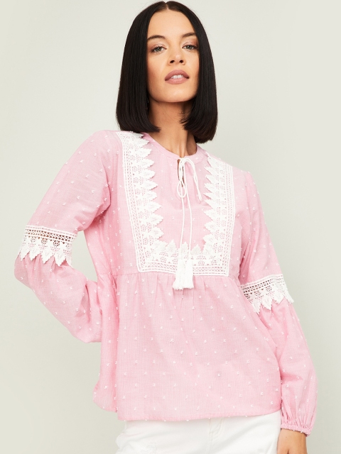 Fame Forever by Lifestyle Pink Tie-Up Neck Puff Sleeves Pure Cotton Top