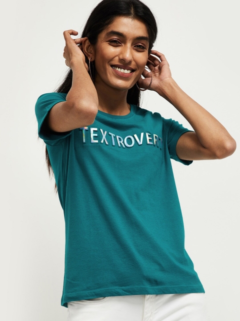 max Women Teal Blue Printed Round Neck Tshirt