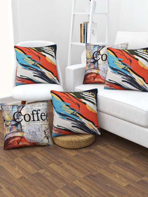 SHIVANAA HOMES Cream-Coloured & Orange Set of 5 Quirky Square Cushion Covers