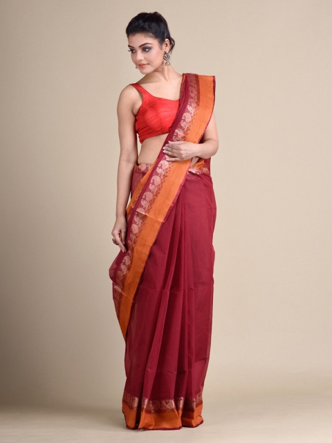 Mitera Red Pure Cotton Solid Taant Saree