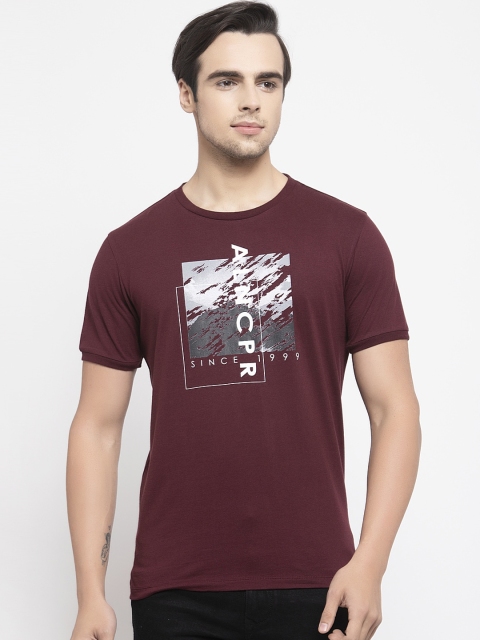Allen Cooper Men Maroon Slim Fit Printed Round Neck T-shirt