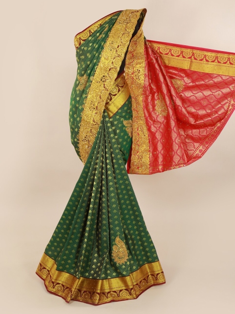 Pothys Green & Gold-Toned Pure Silk Woven Design Kanjeevaram Saree with Embellishment
Pothys Green & Gold-Toned Pure Silk Woven Design Kanjeevaram Saree with Embellishment