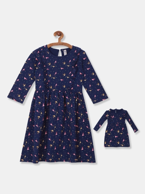 Cherokee Girls Navy Blue Printed Fit and Flare Dress