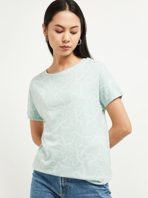 max Women Green Solid Round Neck Pure Cotton T-shirt