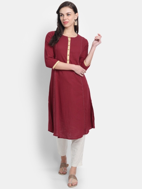 fabGLOBAL Women Maroon Yoke Design A-Line Kurta