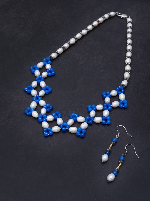 Golden Peacock Off-White & Blue Freshwater Pearl Jewellery Set