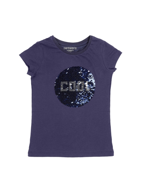 Pantaloons Junior Girls Navy Blue Self Design Round Neck T-shirt