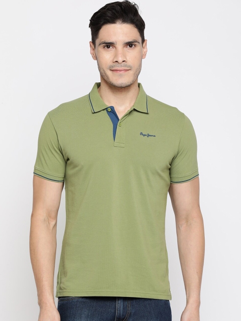 Pepe Jeans Men Green Solid Polo Collar T-shirt