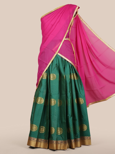 Pothys Pink & Green Poly Chiffon Woven Design Lehenga Half Saree
