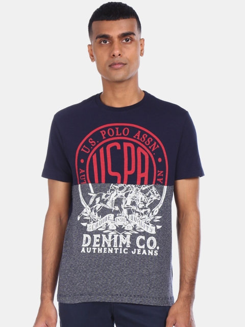U.S. Polo Assn. Men Blue Printed Cotton Round Neck T-shirt