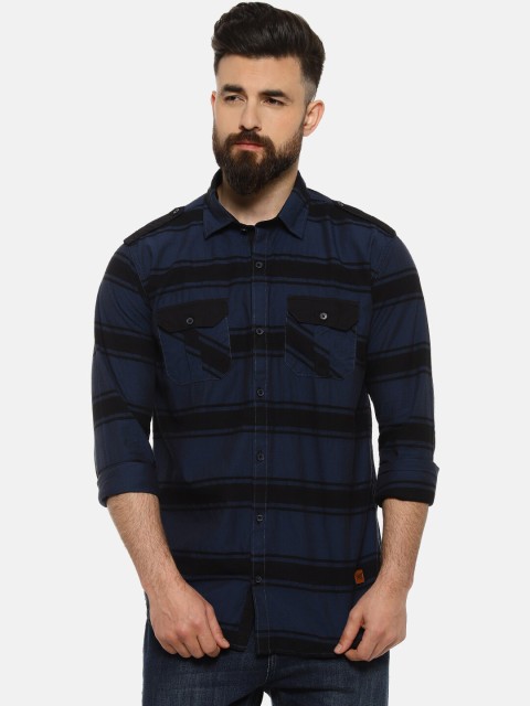 Campus Sutra Men Blue & Black Regular Fit Striped Casual Shirt