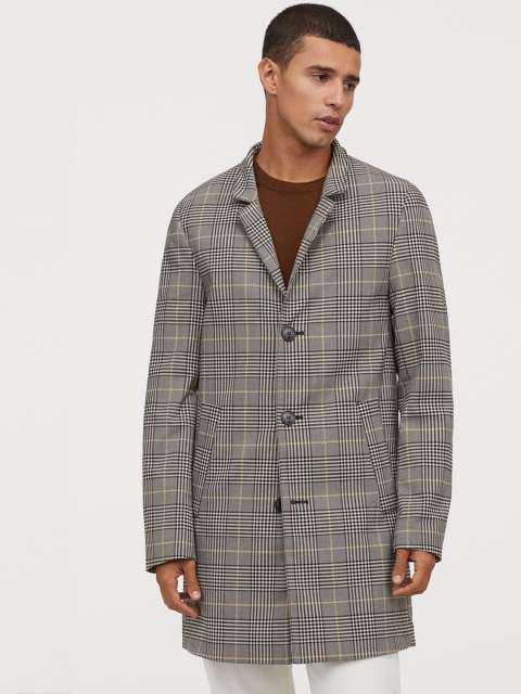 H&M Men Grey & Brown Checked Patterned Trench Coat