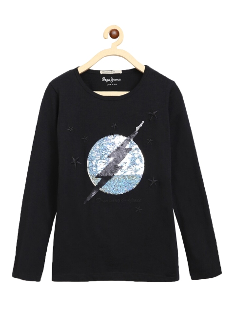 Pepe Jeans Girls Black Printed Round Neck T-shirt