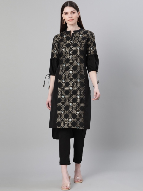 ZIYAA Women Black Foil Print Straight Kurta and Trousers Set