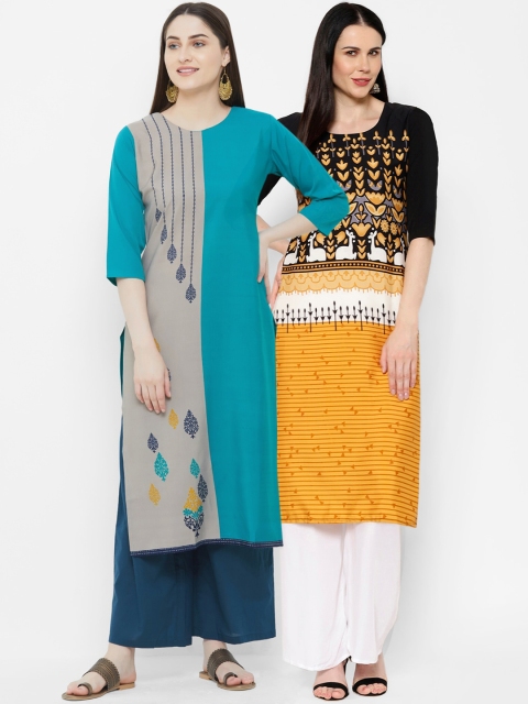 7Threads Women Pack of 2 Blue & Brown Colourblocked Straight Kurtas