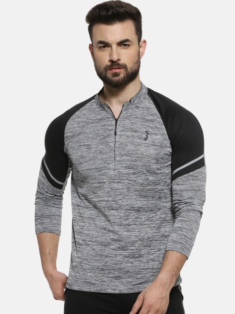 Campus Sutra Men Grey & Black Colourblocked Henley Neck T-shirt