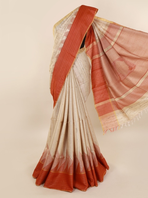 Pothys Cream-Coloured Solid Jute Silk Saree