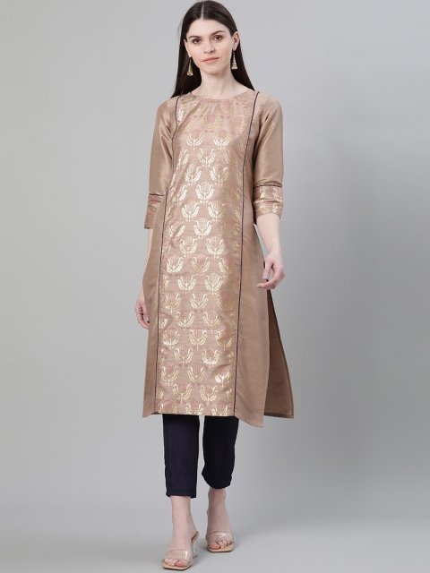 ZIYAA Women Brown & Black Foil Printed Kurta with Trousers