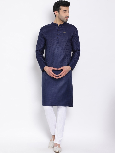 DEVOILER Men Navy Blue Solid Thread Work Kurta