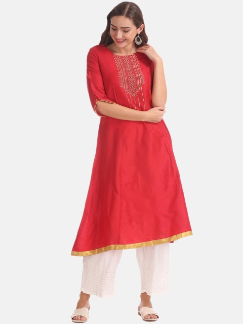 Anahi Women Red Yoke Design A-Line Kurta