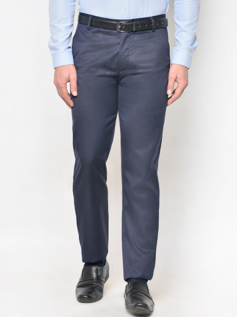 American-Elm Men Navy Blue Slim Fit Solid Formal Trousers