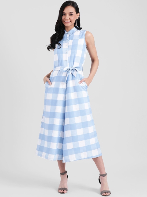 Zink London Women White & Blue Printed Basic Jumpsuit