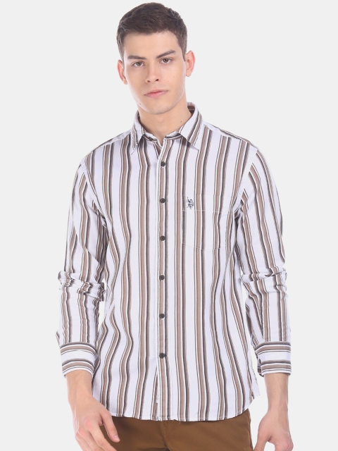 U.S. Polo Assn. Men White Regular Fit Striped Casual Shirt