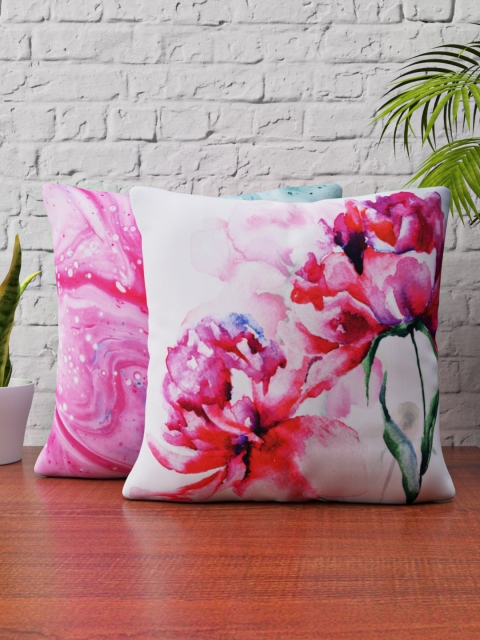 SHIVANAA HOMES White & Pink Set of 2 Floral Square Cushion Covers
