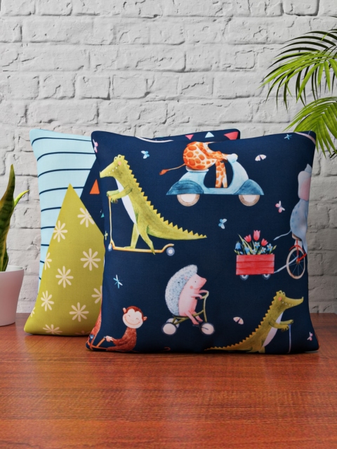 SHIVANAA HOMES Navy Blue & Green Set of 2 Cartoon Characters Square Cushion Covers